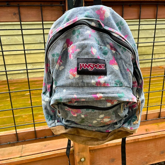 Jansport Backpack. Floral. Leather bottom. Clean inside. - Picture 1 of 3